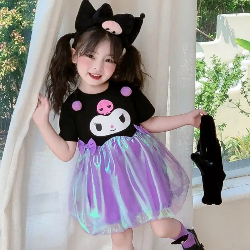 

Sanrios Summer Style Doll Skirt Cartoon Kuromi Skirt Three Dimensional Ears Children Splicing Dress Fashion Beautiful Dopamine