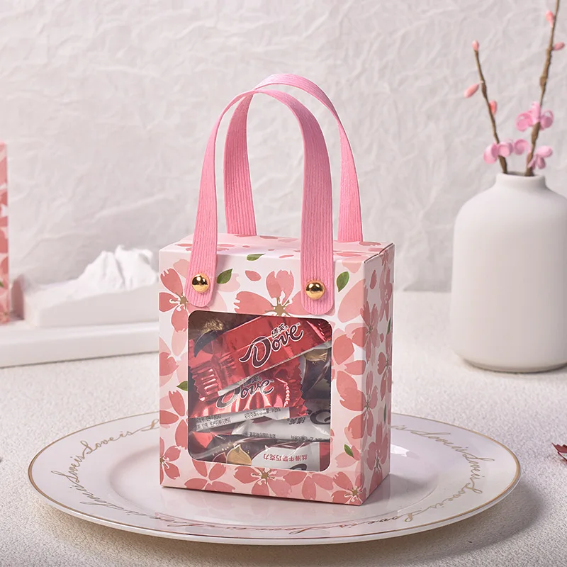 

10-100Pcs Luxury Wedding Candy Gift Boxes Transparent Window Packaging Bags Pink Cherry Blossom Portable Birthday Party Supplies