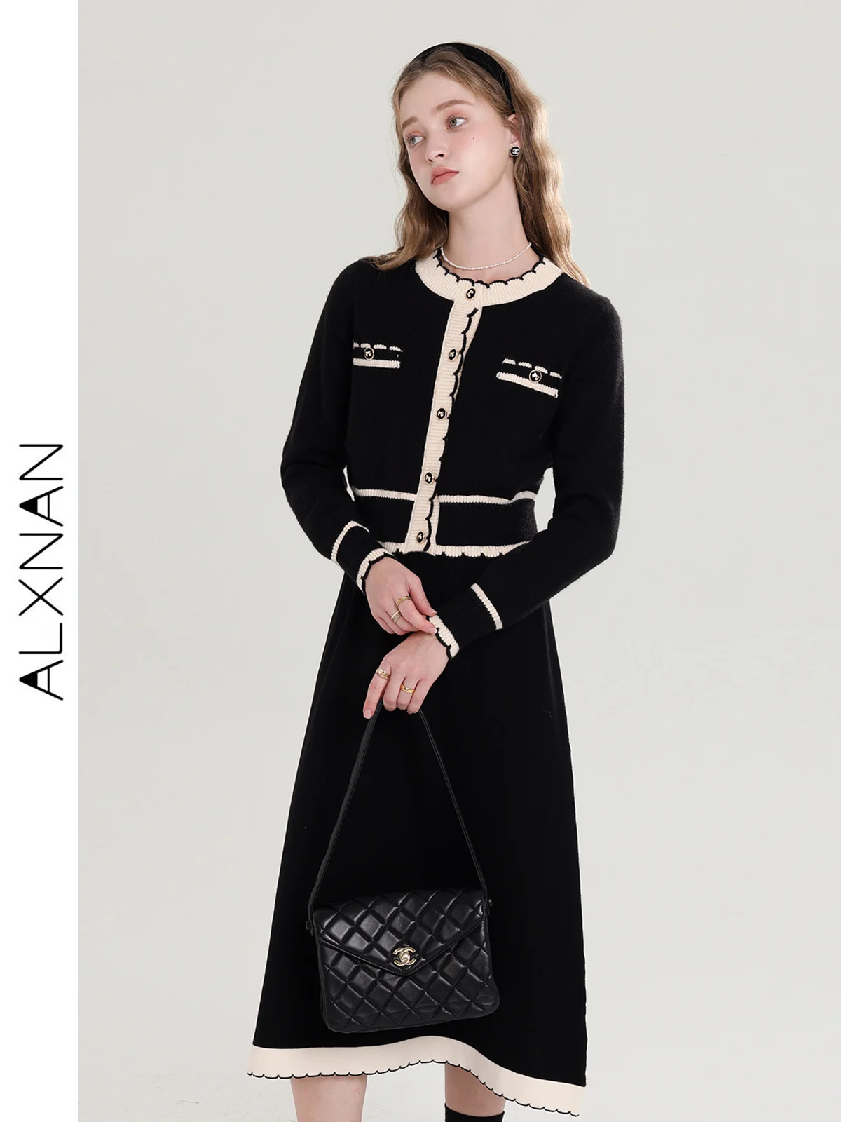 ALXNAN Vintage Jackets Women Black Tweed Cropped Coat Elegant Mid Skirt 2-piece Suit Casual Short Outerwear Sold Separate T00916