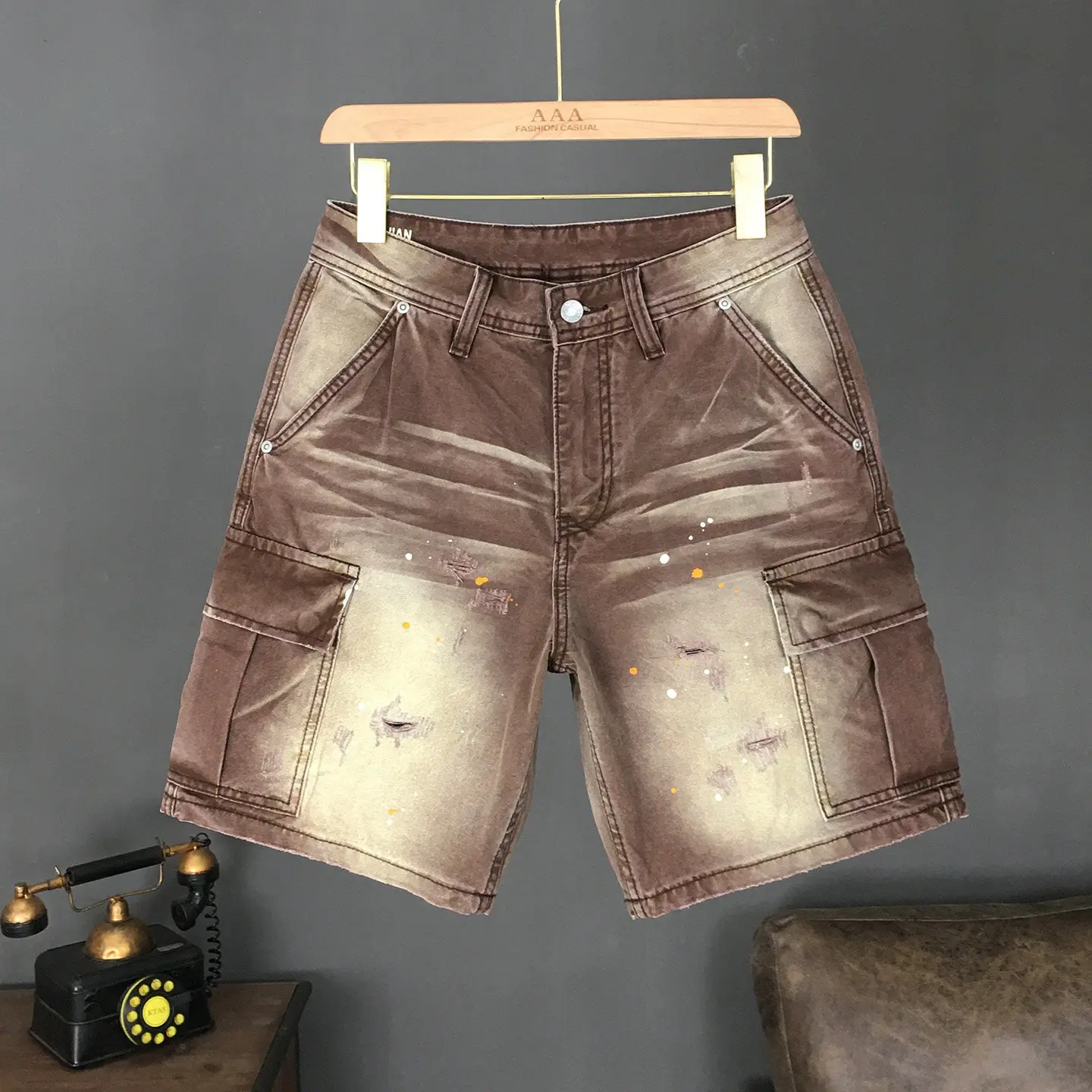 

Летние мужские винтажные рваные джинсовые шорты-карго из хлопка, свободные, прямого кроя, в американском повседневном стиле, бермуды с эффектом брызг краски, рабочие джинсы