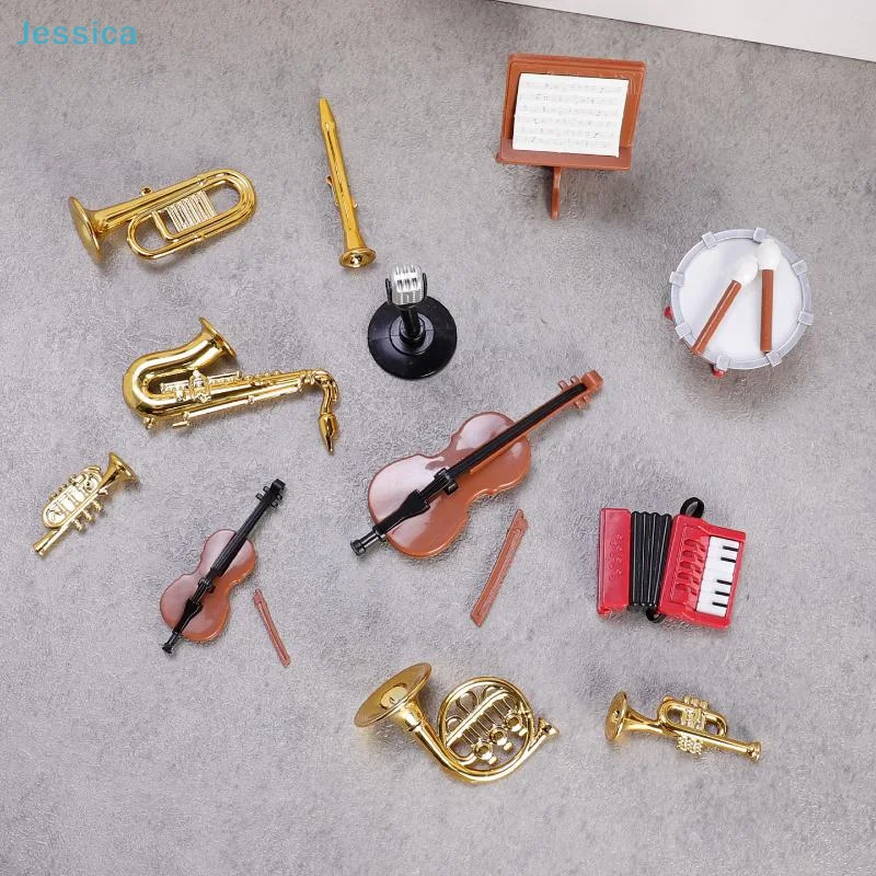 〔Jessica〕1:12 Scale Dollhouse Mini Orchestra Model Set – Mini Brass & String Instrument Figurines for DIY Scene