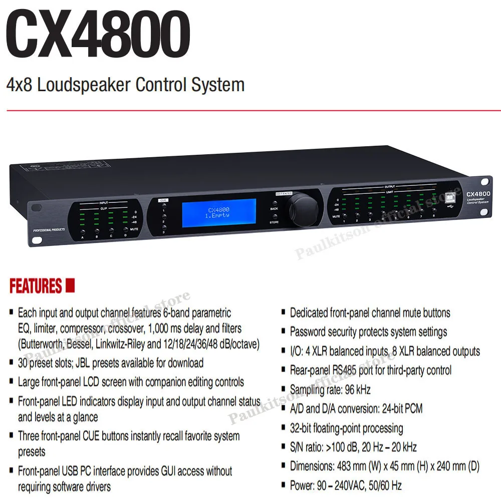 PaulKitson CX4800 Professional 32-bit DSP 4-in-8-out Audio Processor Compatible with Original Software Equalizer Stage Perform
