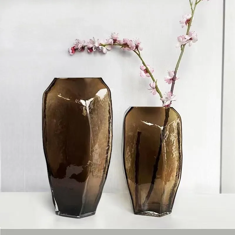 Large Geometric Glass Vase Coffee Color Ice Pattern Creative Home Decor Living Room Soft Furnishing Modern Pottery Style