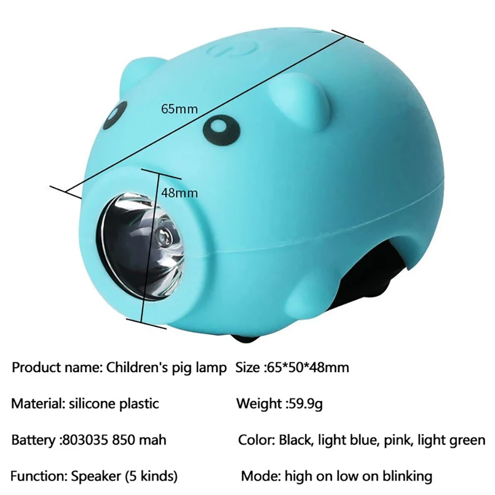 Cute Pig Bicycle Front Light with Horn Type‑C Rechargeable 3 Modes Headlight for Kids Bike Electric Scooter Night Riding Safety - view 6