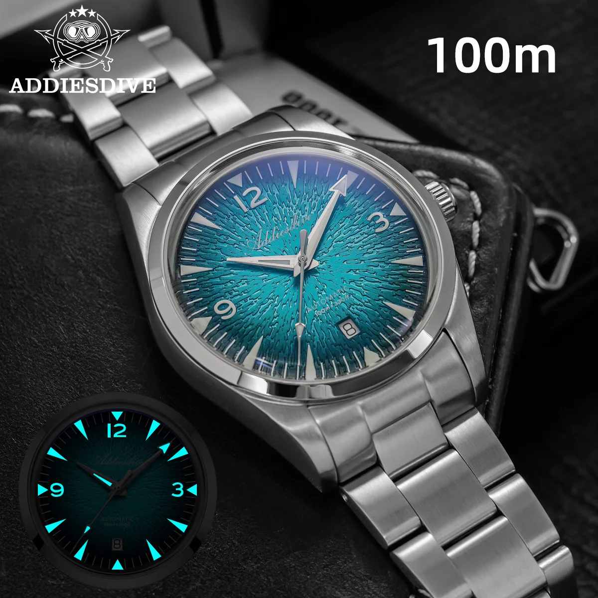 ADDIESDIVE Fashion Automatic Mechanical Watch Japan 8215 Ocean Wave Dial Bubble Crystal 316L Steel Luxury Design 100M