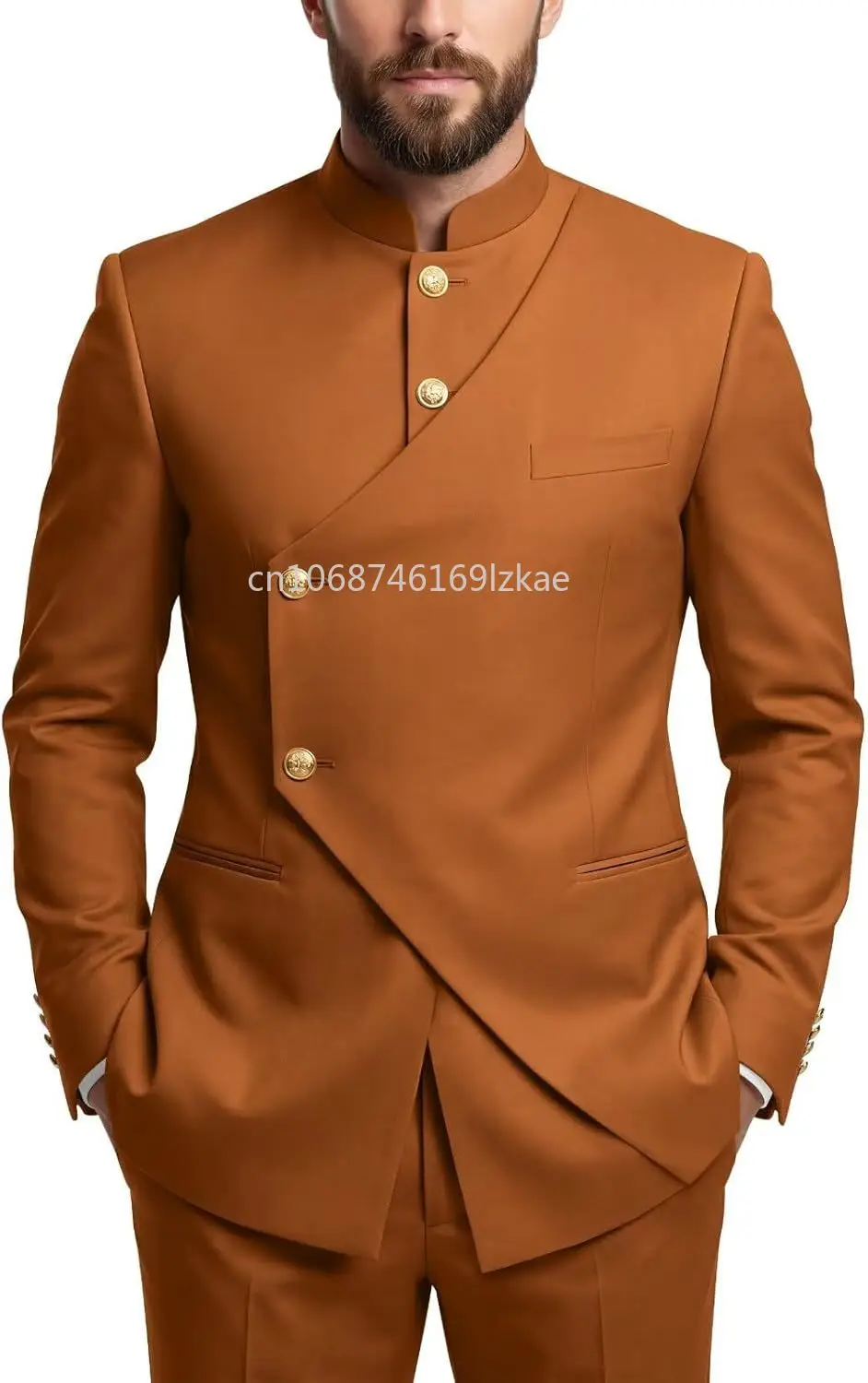 Traje Chino para Hombre, 2 Piezas, Corte Entallado, Traje con Cuello Mandarín, Conjunto de Blazer y Pantalones