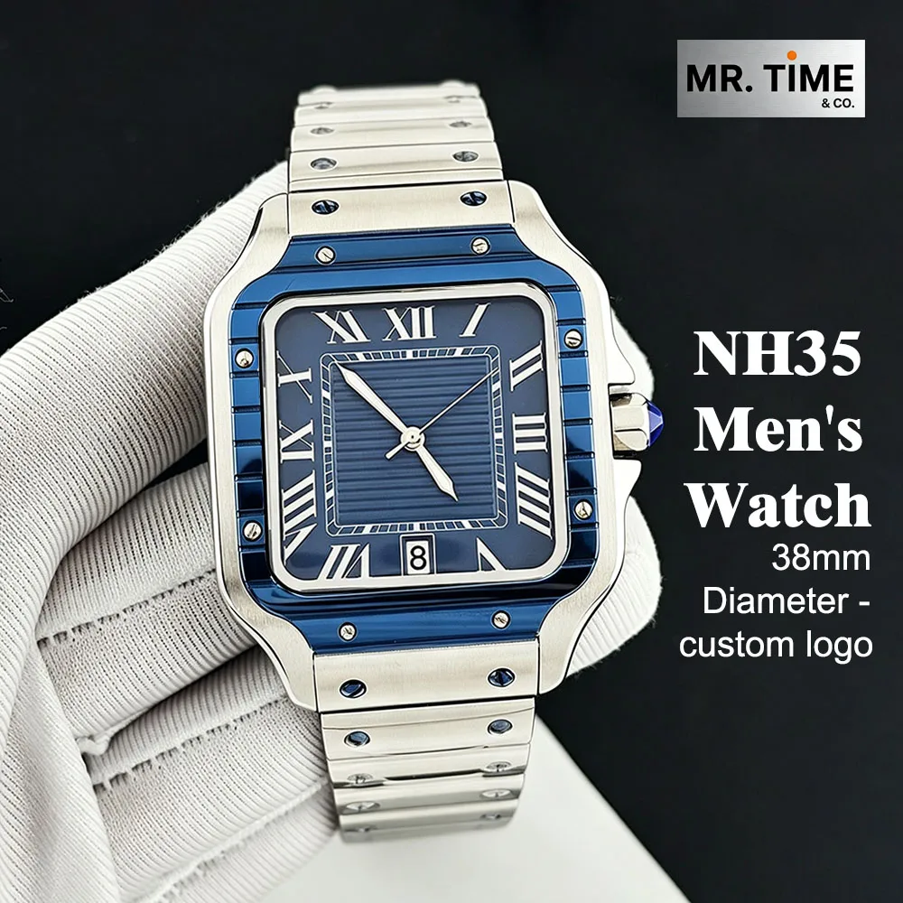 NH35 Watch Square Watch 38mm Customized Logo Striped dial Watch Men's Automatic Watch Stainless Steel Watch NH35 Movement Watch