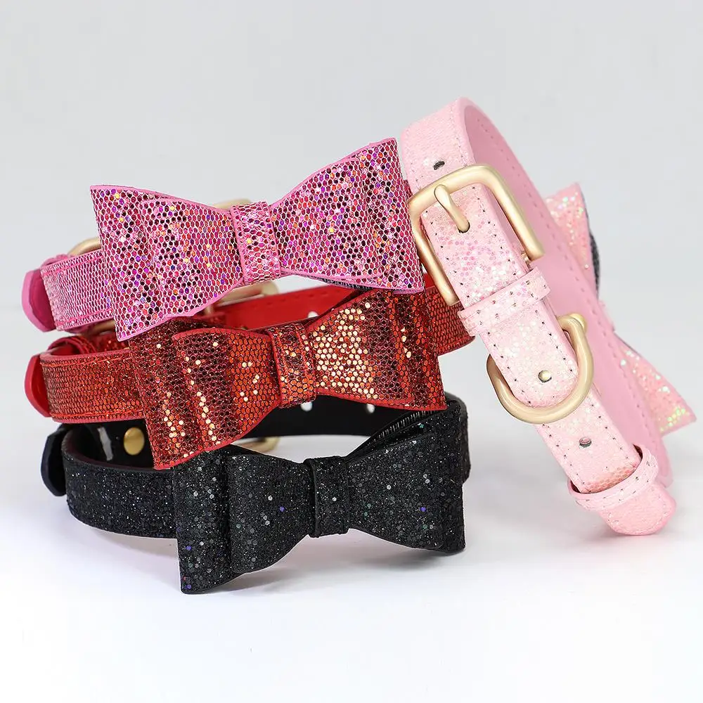 Bow Knot Dog Collar Adjustable Leather Puppy Cat Collars Bowknot Dog Kitten Necklace Accessories for Small Dogs Cats Chihuahua