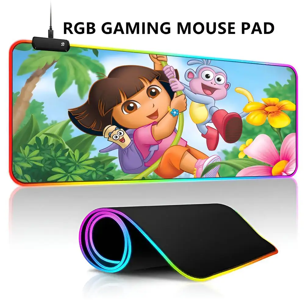 Cartoon Dor-a the Explorer Theme Birthday P RGB LED Light Gaming Mousepad Waterproof Large Gamer Mouse Carpet Big Mause Keyboard