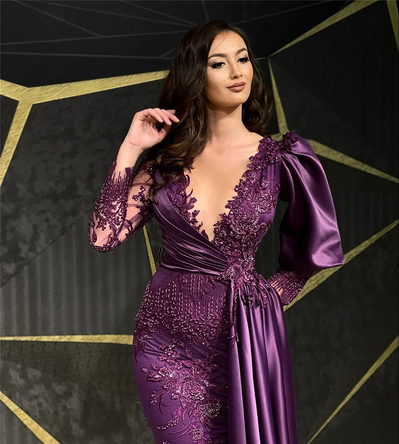 Dubai Purple Evening Celebrity Dresses Full Sleeves Satin V-Neck Sexy Prom Party Gowns Lace Beaded Saudi Arabia Formal Dress