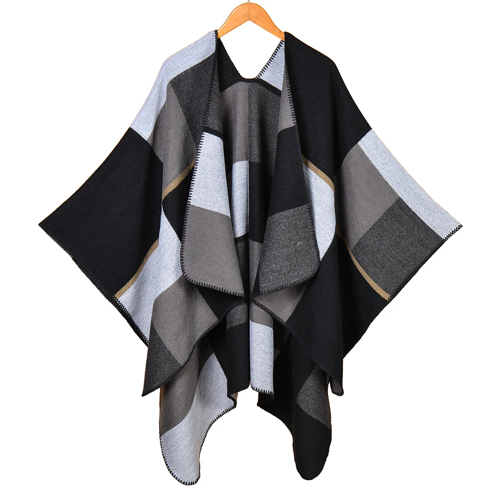 

Fashion Vintage Big Plaids Poncho Long Acrylic Cashmere Split Cape Women Spring Autumn Warm Shawl Travel Wraps Blanket