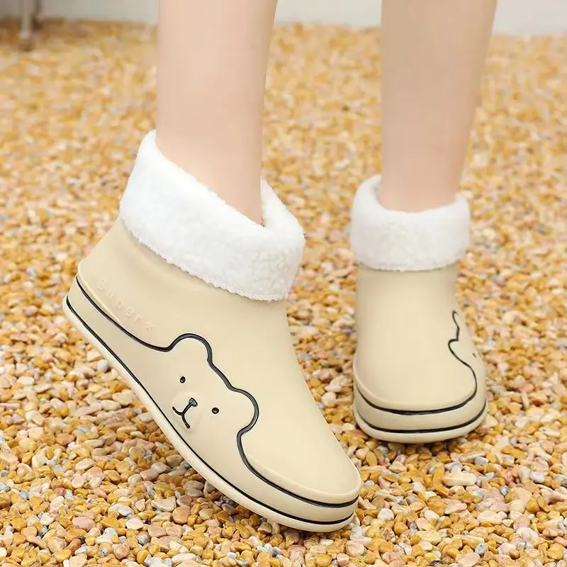 Women's Autumn Winter Rain Shoes Soft Bottom Non Slip High Top Cover Foot Plush Insulated Rain Shoe Waterproof Working Shoes