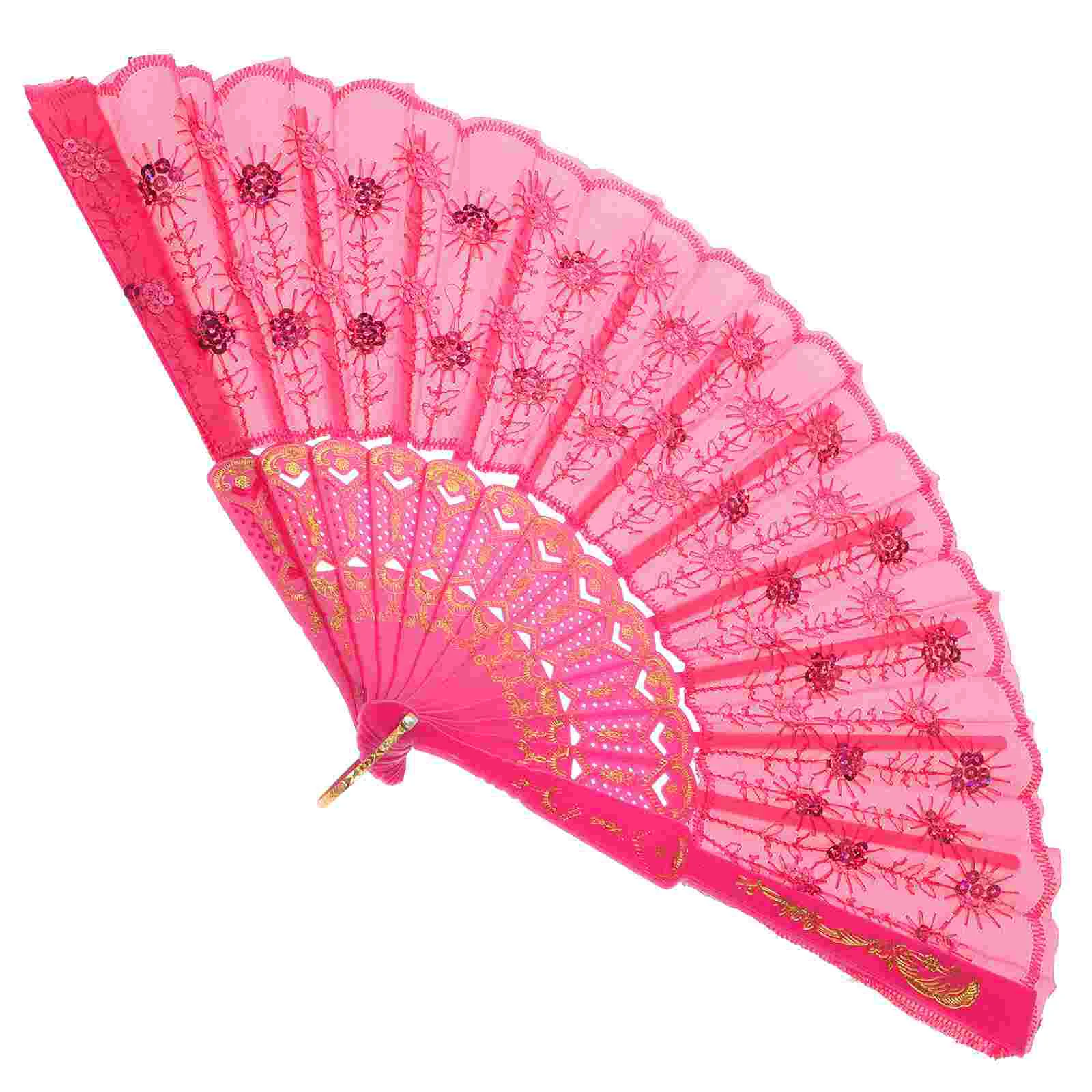 Women Sequin Decorated Folding Plastic Hand Fan Dance Fan (Rosy) Women Plastic fan Lace