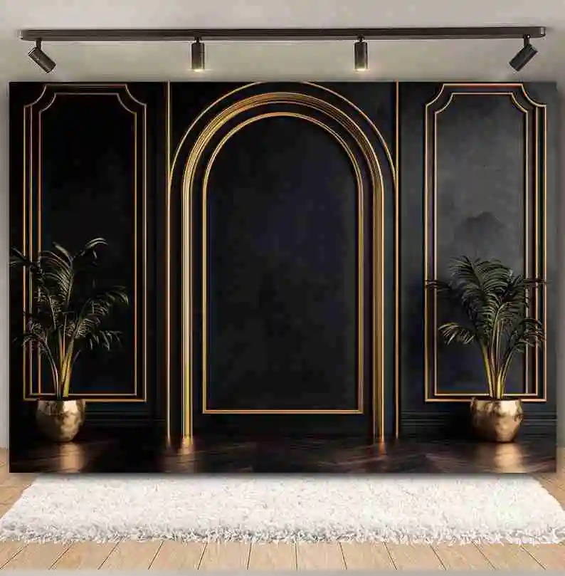 الذهب الأسود الفاخرة أوروبا جدار التصوير خلفية قوس الباب الإطار اناء للزهور الكبار عيد ميلاد الزفاف صورة خلفية الصورة