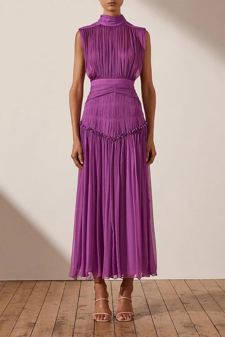 

Solid Color Stand Up Collar Pleated Dress, Summer Fashion Pleated Edge Design, Waist Cinched A-Line Sleeveless Mesh Dress