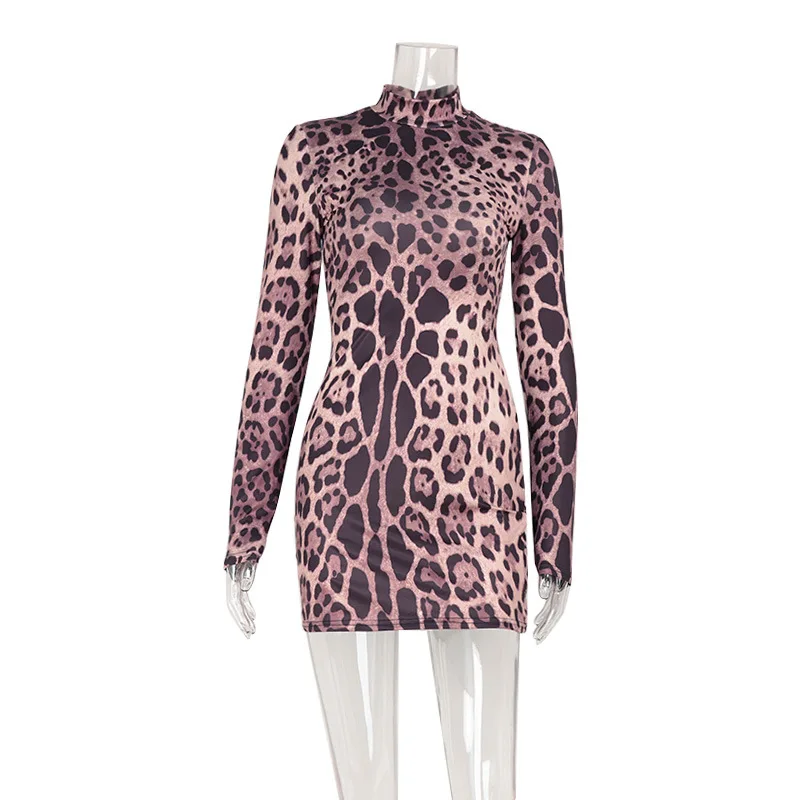 Gaun Prom Musim Gugur Motif Leopard Ular Kerah Tinggi Lengan Panjang Model Sheath Pendek Formal untuk Tamu Pernikahan Gaun Kasual Pesta Malam Gaun Pengantin