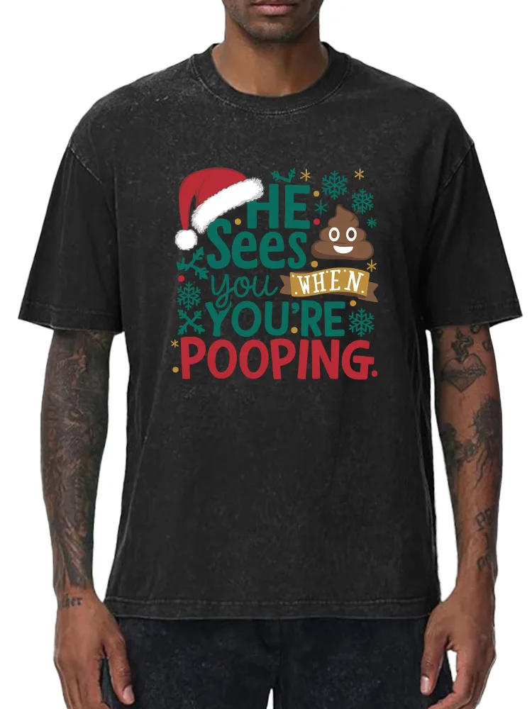 

You'Re Pooping 230g Heavy Cotton Washed Oversized T-Shirt for Men Christmas Graphic Tee Retro Casual Top
