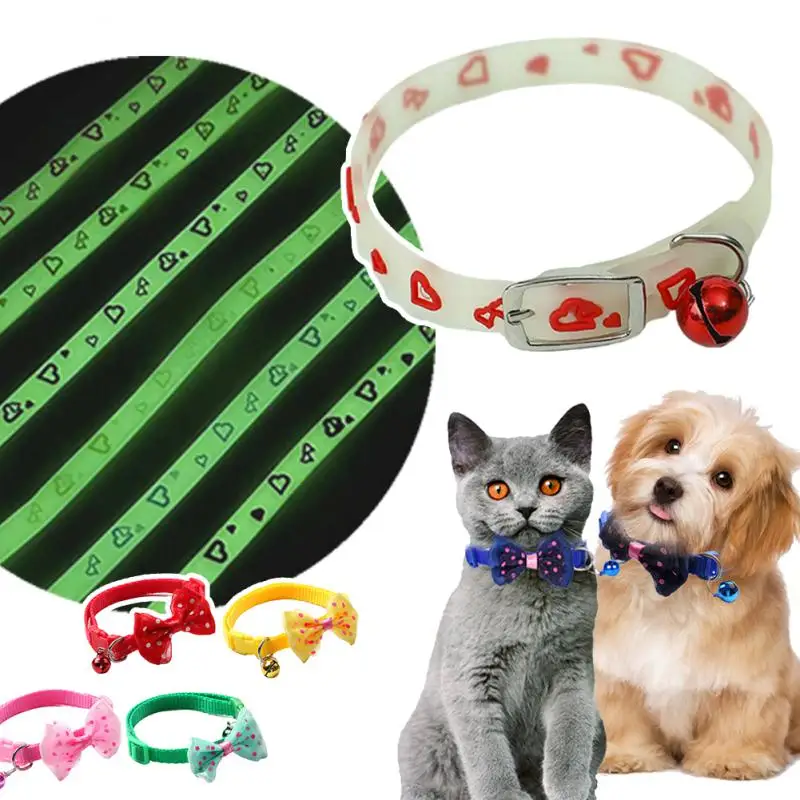 Luminous Cat Necklace Glowing Small Dog Cat Collar Anti-Loss Fluorescent Silicone Cat Bell Collar Neck Ring Pet Cat Accessories