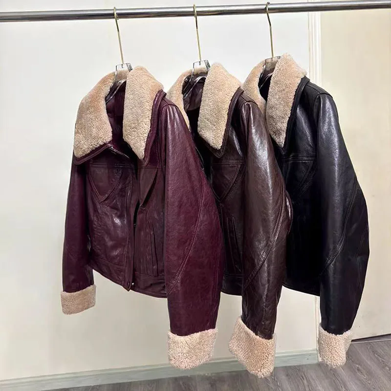 Genuine Leather Jacket With Wool Collar Short Length Women Coat Winter Thick Warm Female Clothes High Quality Pocket Decoration