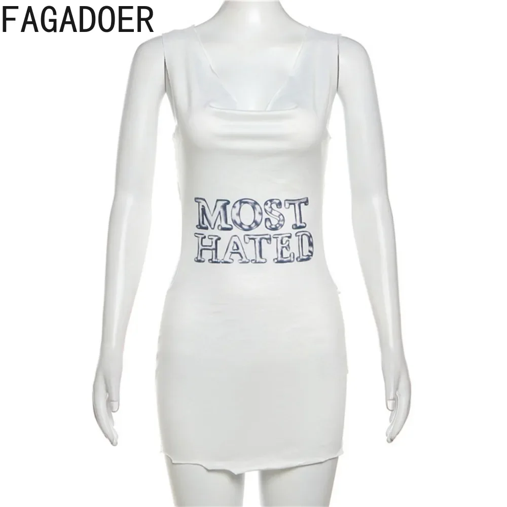 FAGADOER-Corrente Y2K Feminina Oco Out Bodycon Mini Vestido, Vestidos de Alça Sem Mangas, Sem Costas, Carta Estampada, Vestido Irregular, Moda Branca