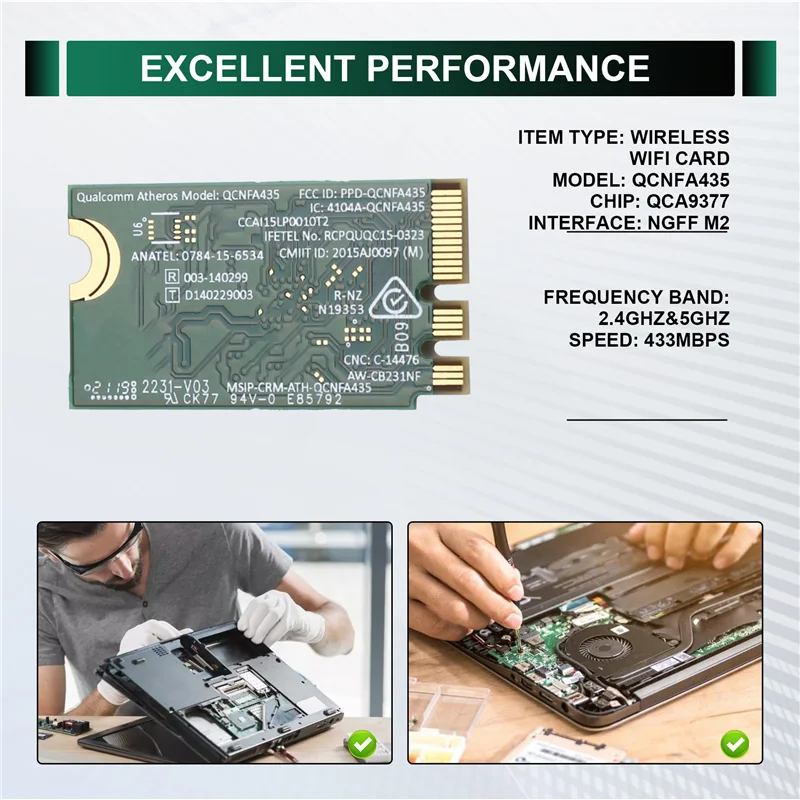 -AT52 QCA9377 QCNFA435 Wireless Card Bluetooth4.1 Wifi Card 433Mbps 802.11AC 2.4G/5Ghz NGFF Network Adapter For Win 7/8/10