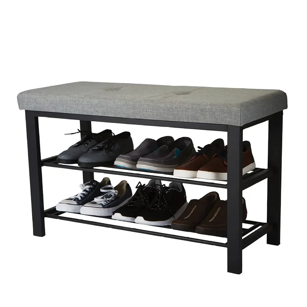 Simplify Entryway Metal Cushioned Bench with 2 Tier 8 Pair Shoe Storage in Grey