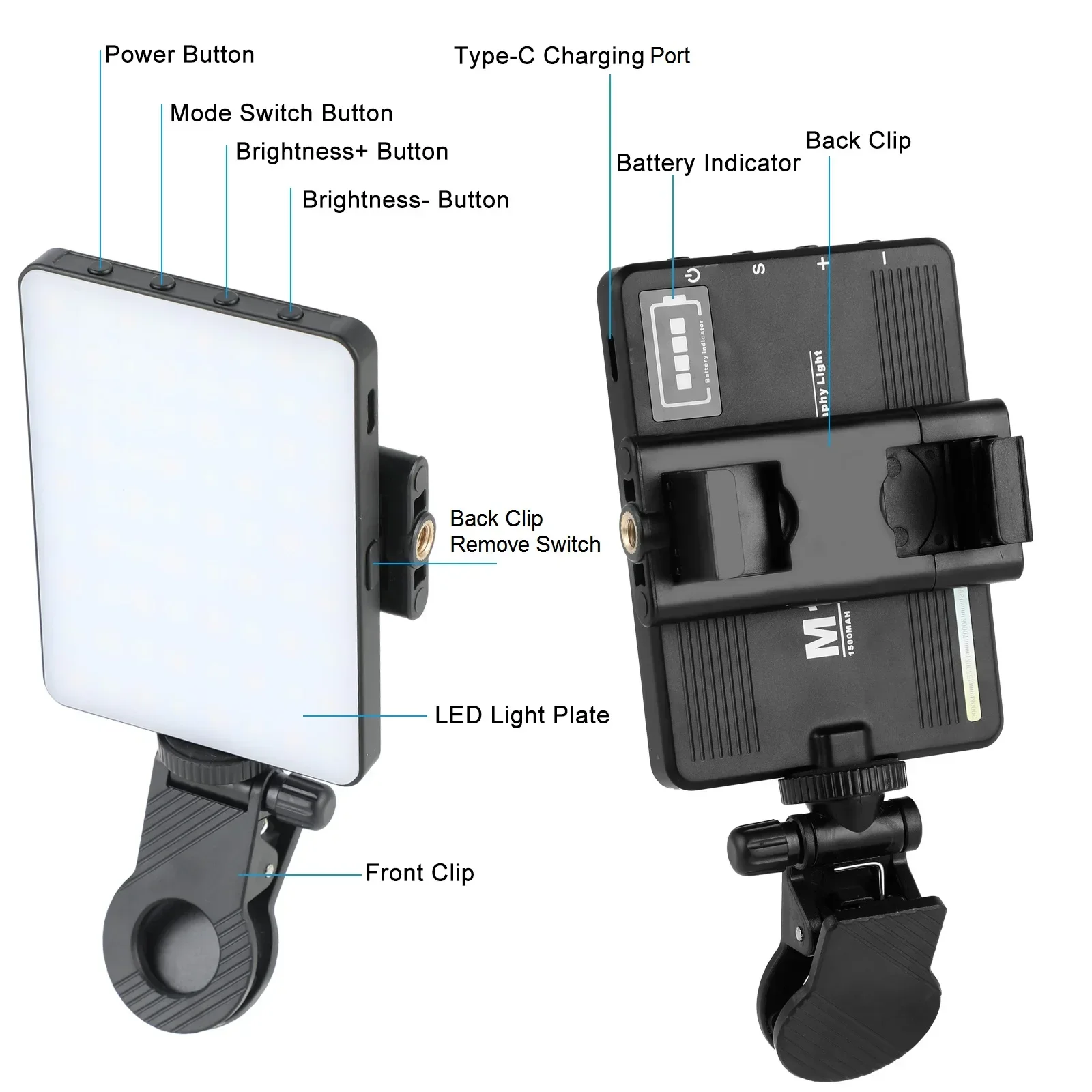 Luce di riempimento Selfie Light con Clip per telefono anteriore e posteriore, luce Video ricaricabile a 72 LED per telefono IPhone IPad Laptop Camera