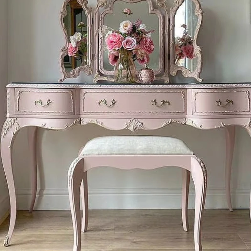 Carved solid wood dresser bedroom dressing table mirror rounded edge locker