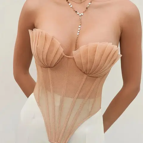 Imcute Women Sleeveless Tight Bustier Corset Crop Top Summer Shell Mesh Lacing Back Irregular Hem Strapless Tube Shirt