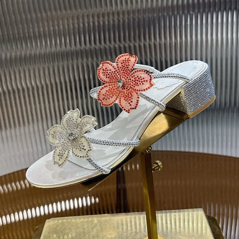 Slippers Open Toe Rhinestone Flower Decor Sandals Summer Women's Thin Strip Design Thick Heel Dress Shoes Wedding Shoes - view 2
