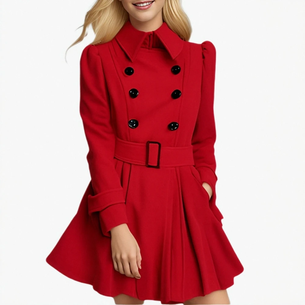 

Slim-fit Ruffled Women's Woolen Coat European And American Style Autumn Winter Trenchcoat with Belt Button Type for Ladies