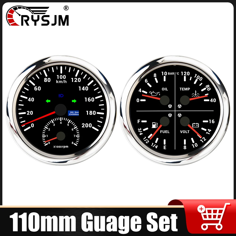 

110mm Gauge Set 4 In 1 Oil Pressure Water Temp Fuel Level Voltmeter Gauge + GPS Speedometer 0-200 KMH 8000RPM Tachometer For 12V