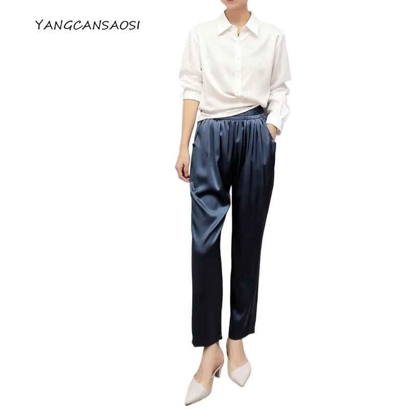 

Women's Fashion Autumn Clothing 93% Natural Mulberry Silk Elastic Satin Grey Blue Elastic Waist Two Side Pockets Haren Pants