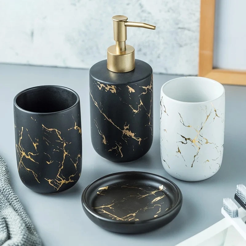 Nordic Matte Gold Ceramics Bathroom Accessories Set Soap Dispenser/Toothbrush Holder/Tumbler/Soap Dish luxurious Washing Set - view 3