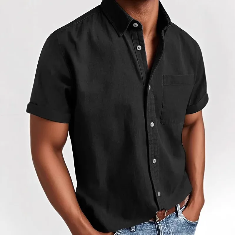 

Summer Men's Solid Color Short Sleeve Shirt Retro Slim Fit Lapel Chest Pocket Casual Tops Ventilate