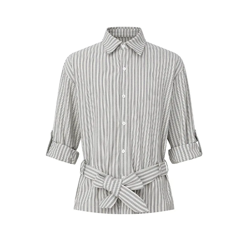 MWJLPWQ Collared Fine Stripe Shirt Waist Tie Adjust Sleeves Button Placket Loose Cut Unisex Smart Casual Street Daily Tops 17246
