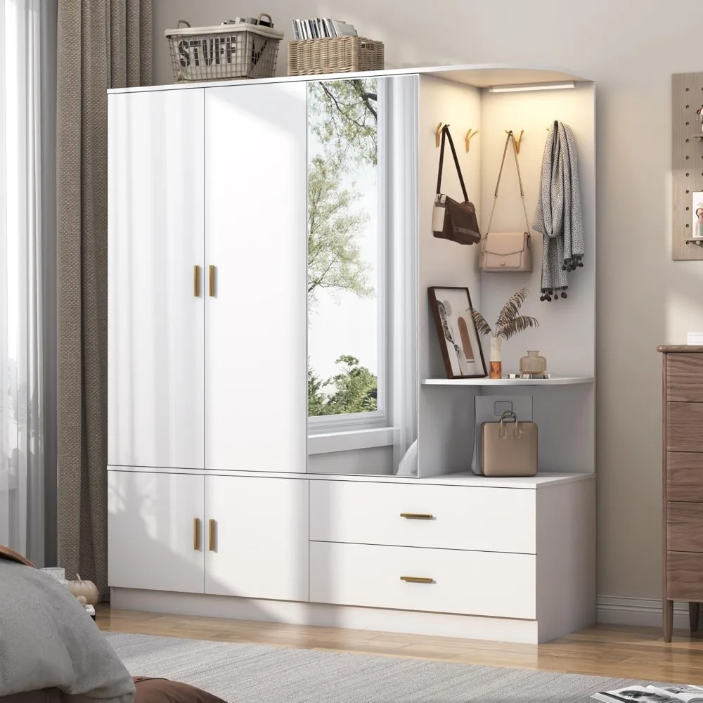 Wardrobe with Mirror and Sensor Light, 5 Doors 2 Drawers, with Shelves, 4 Hooks, 2 Hanging Rails, Open Space