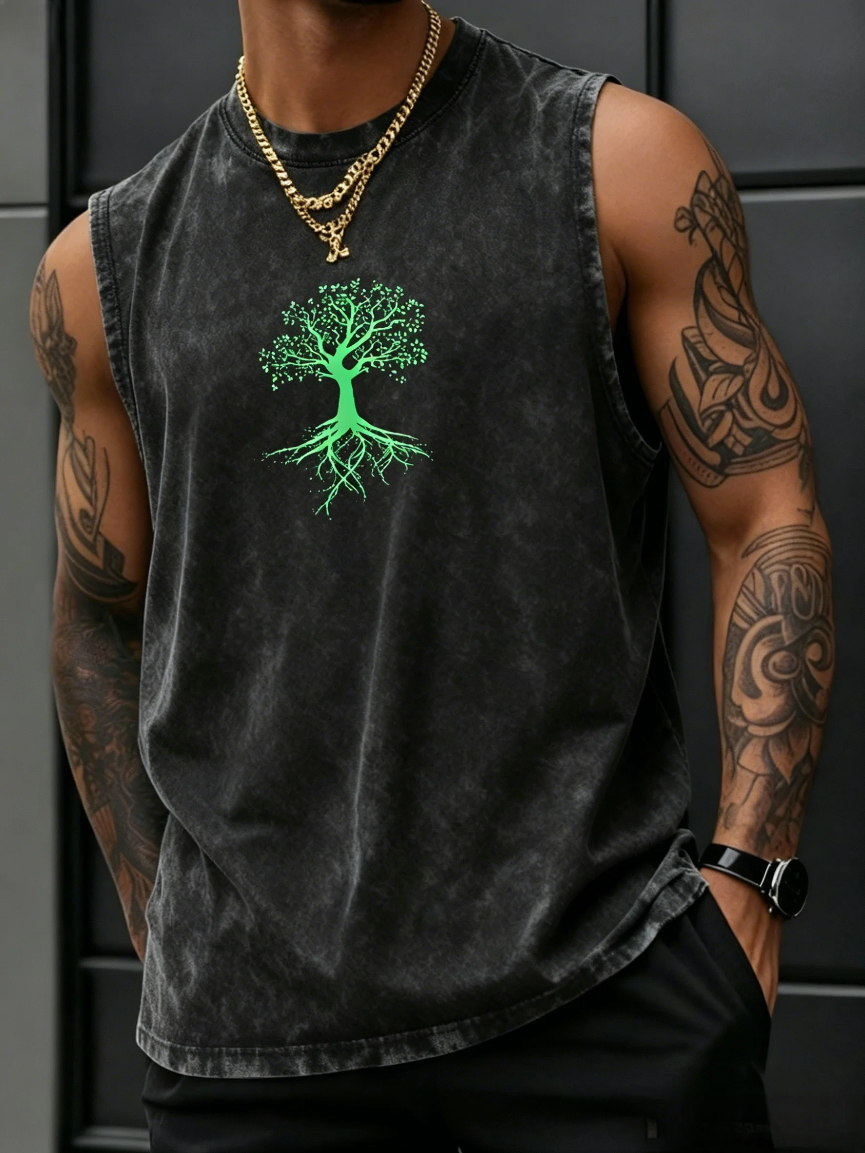 Herren Oversize Vintage Washed 100% Baumwolle Ärmelloses Tanktop 2026 Trend Lebensbaum-Print Lässige Outdoor-Workout-Weste – Detail 23