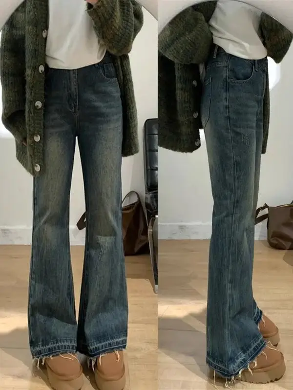 

Женские зимние джинсы с высокой талией, расклешенные, на флисовой подкладке, больших размеров, утягивающие, синие, длинные брюки из денима