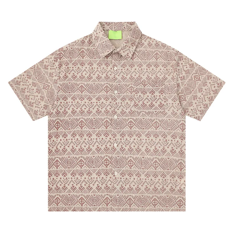 2026 Summer Retro Ethnic Style Printed Plaid Short-sleeved Shirt Men's Casual Lapel Old Money Style T-Shirt