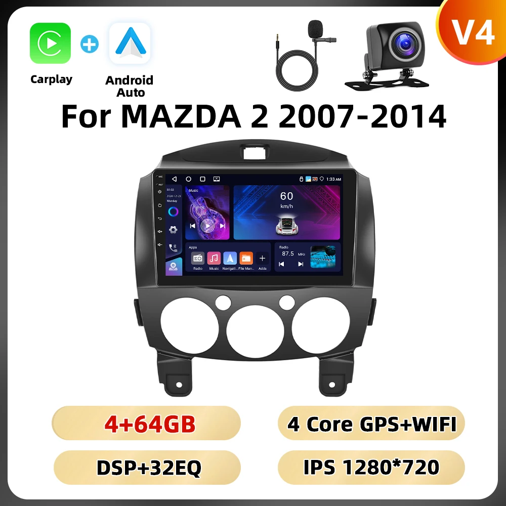 Podofo 9 ''BT RDS Autoradio Voor MAZDA 2 2007-2014 Multimedia Speler Navigatie Carplay Android Auto WIFI 4G AI Voice Autoradio