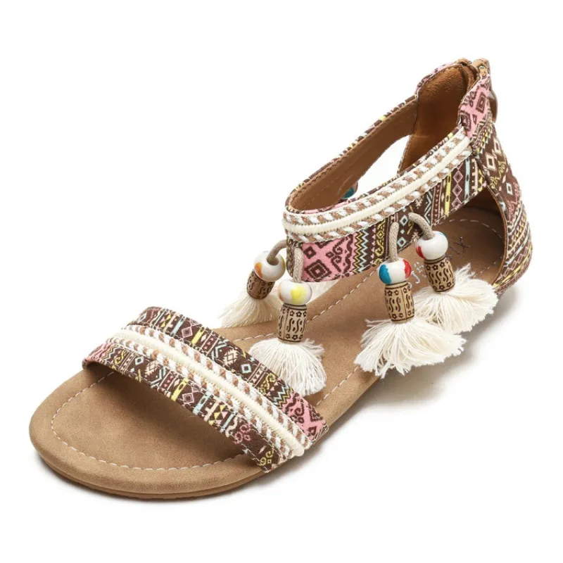 Gorasion 2025 New Summer Bohemian Sandal Women's Roman Ethnic Style Open-toe Flat Shoes Rear Zipper Lightweight Women's Slippers