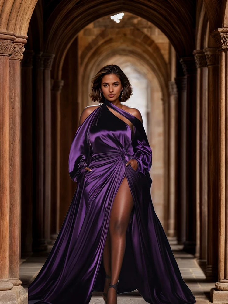 

Off the Shoulder Evening Long Dress Irregular High Split Satin Elegant Wedding Guest Party Club Purple Maxi Dresses for Women