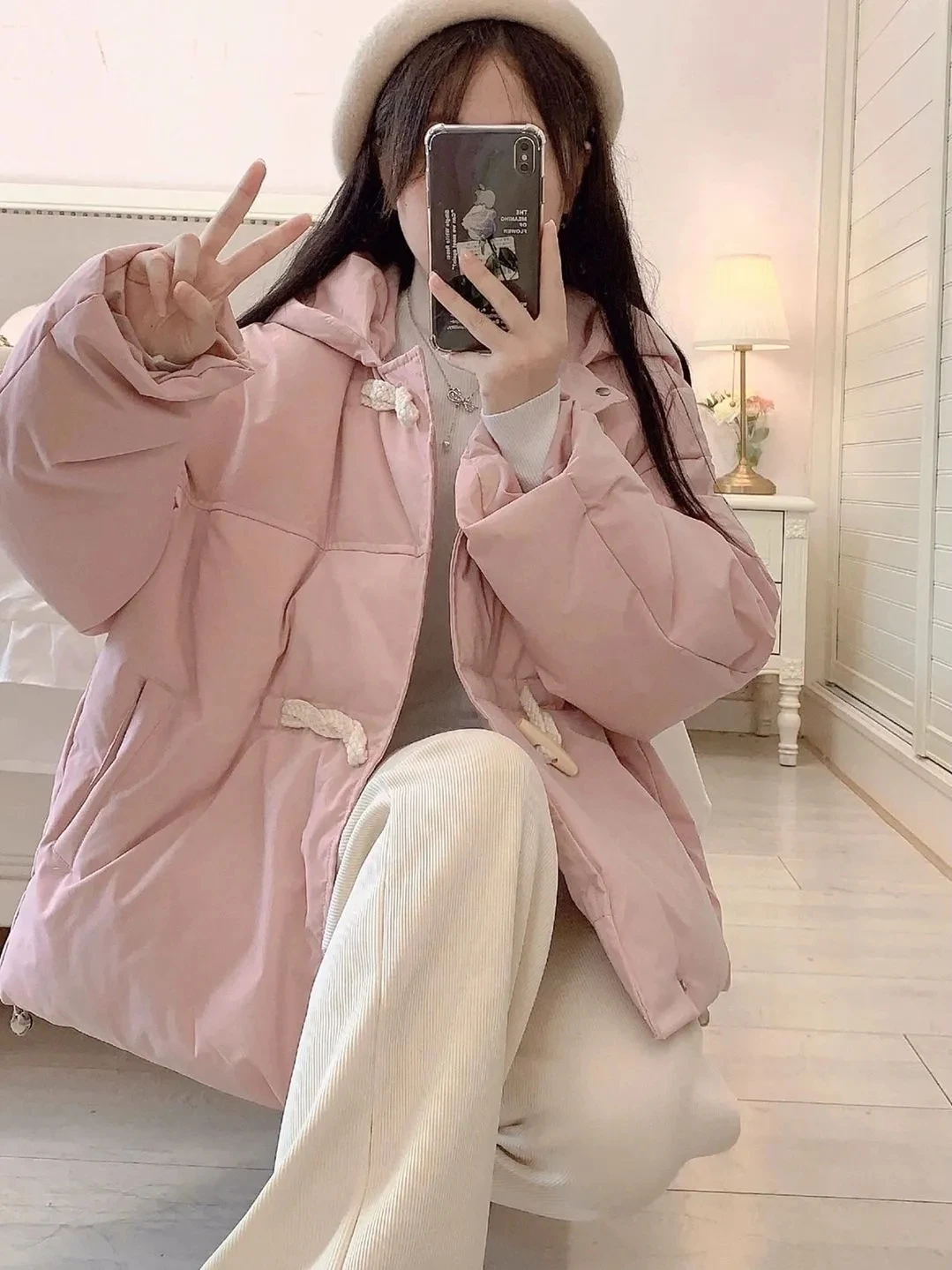 Down Cotton Jacket Women Autumn Winter 2023 New Pink Horn Button Cotton Coat Fashion Casual Version Loose Warm Parkas Womens