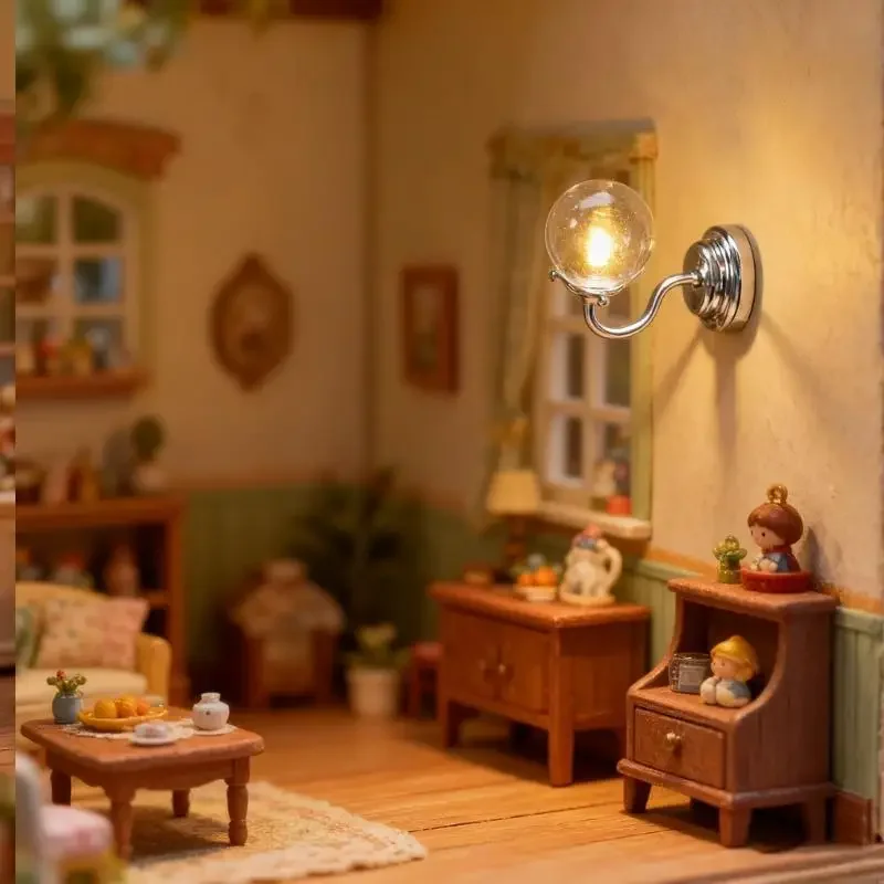 Modelo lâmpada parede moderna, estatueta vidro transparente, moldura metal preta, iluminação miniatura, escala