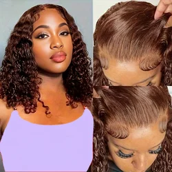 13X4 Chocolate Brown Curly Lace Front Wigs Human Hair Short Curly Deep Wave Bob Wigs Pre Plucked Water Wave #4 Colored Bob Wigs