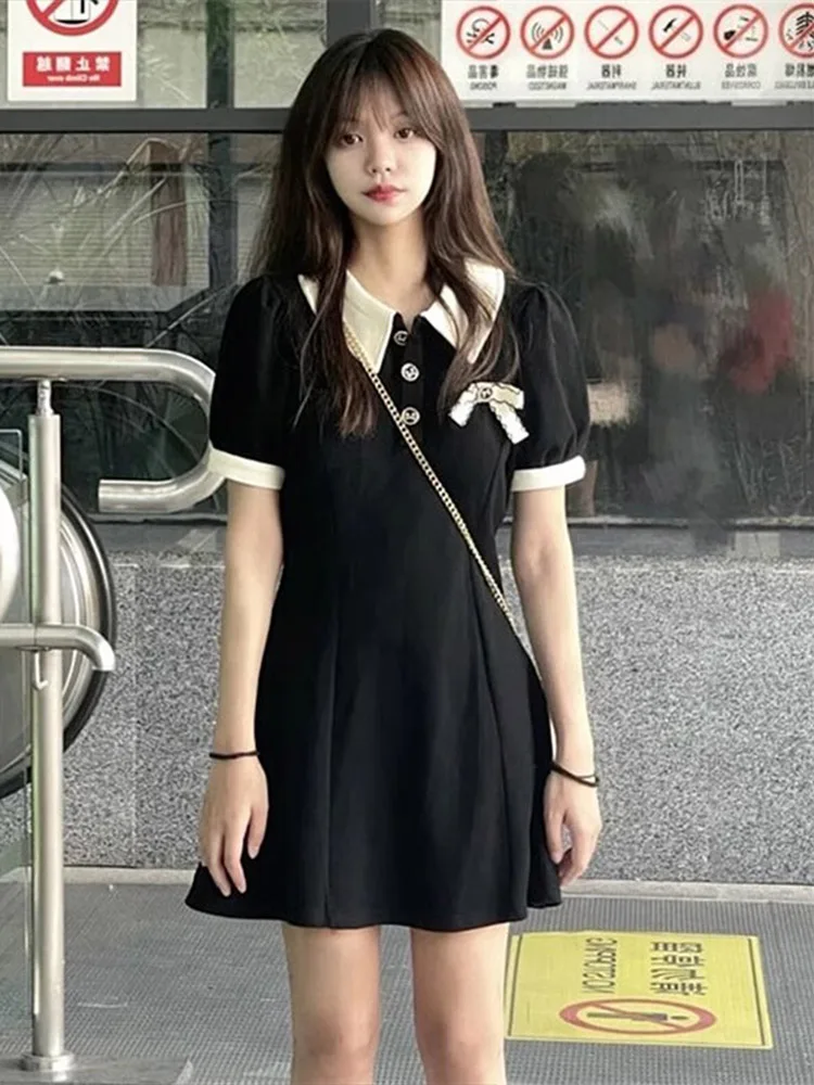 

2024 Summer New Women Dress Korean Fashion Lapel-neck Short Sleeve Bow Design High Waist Slim A Line Mini Dresses Female Dress