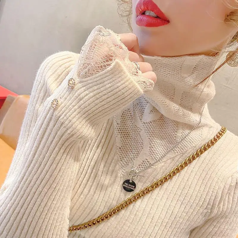 Elegant Turtleneck Spliced Lace Casual Blouse Women\'s Clothing 2022 Autumn New Korean Pullovers All-match Office Lady Shirt