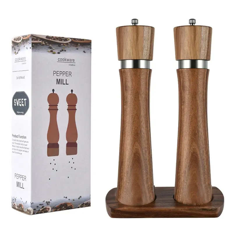 Steel Ring Manual Pepper Grinder Set With Base Acacia Wood Salt and Pepper Mill Ceramic Core Salt Shakers Mill Barbecue Tool Set