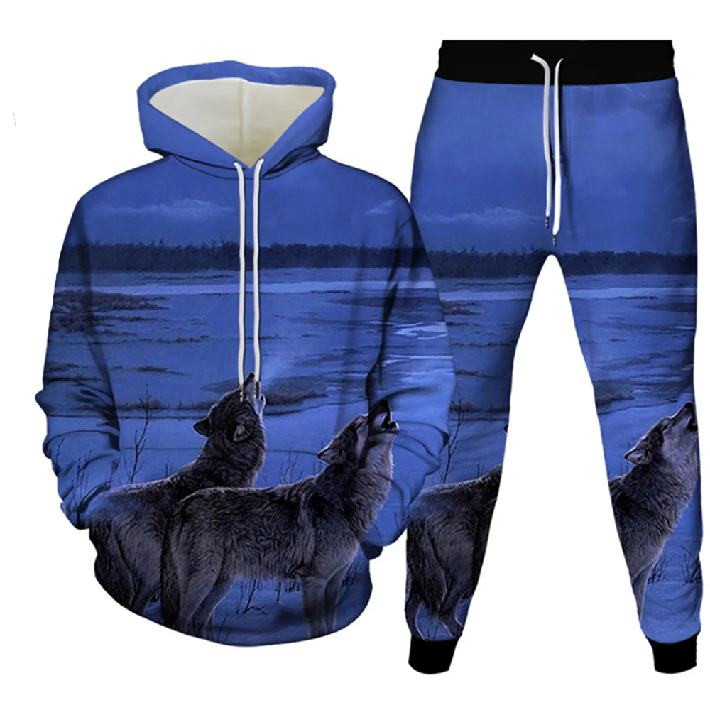 Men\'s Tracksuit Animal Wolf 3d Print Sets Casual Hoodie  Pants 2pcs Sets Oversized Sweatshirt Fashion Streetwear Men Clothing